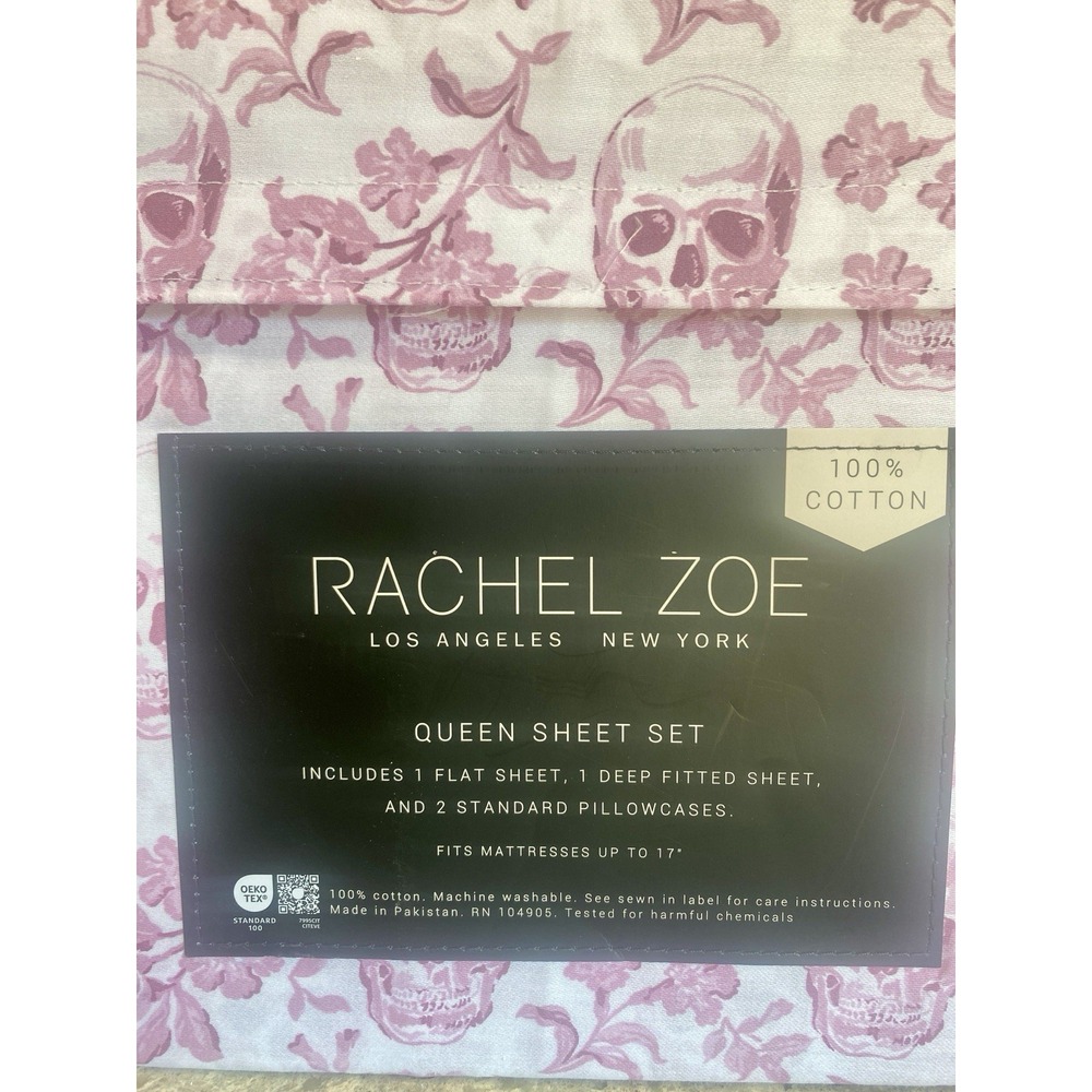 Lot of 2 Rachel Zoe Pink Skull Standard Pillowcases 100% Cotton Floral Toile 4pc - Picture 4 of 5